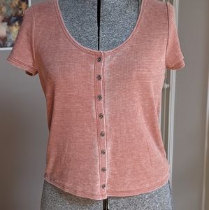 Rust pink waffle button up tee - American Eagle